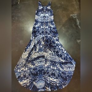 Intermix sleeveless maxi dress, blue & white, high low skirt, size P